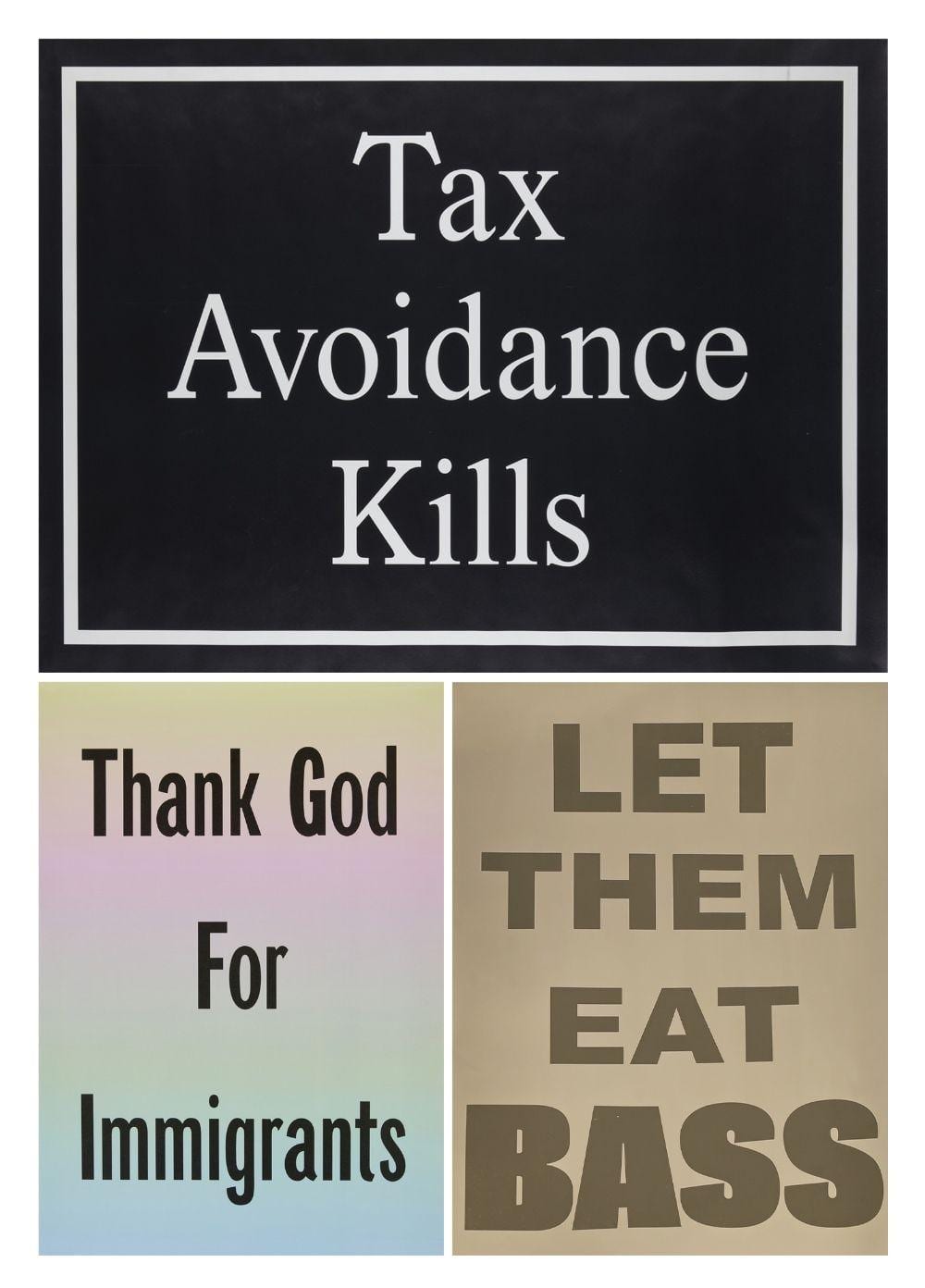Jeremy Deller comparable auction result: jeremy deller thank god for immigrants tax avoidance kills let them eat bass