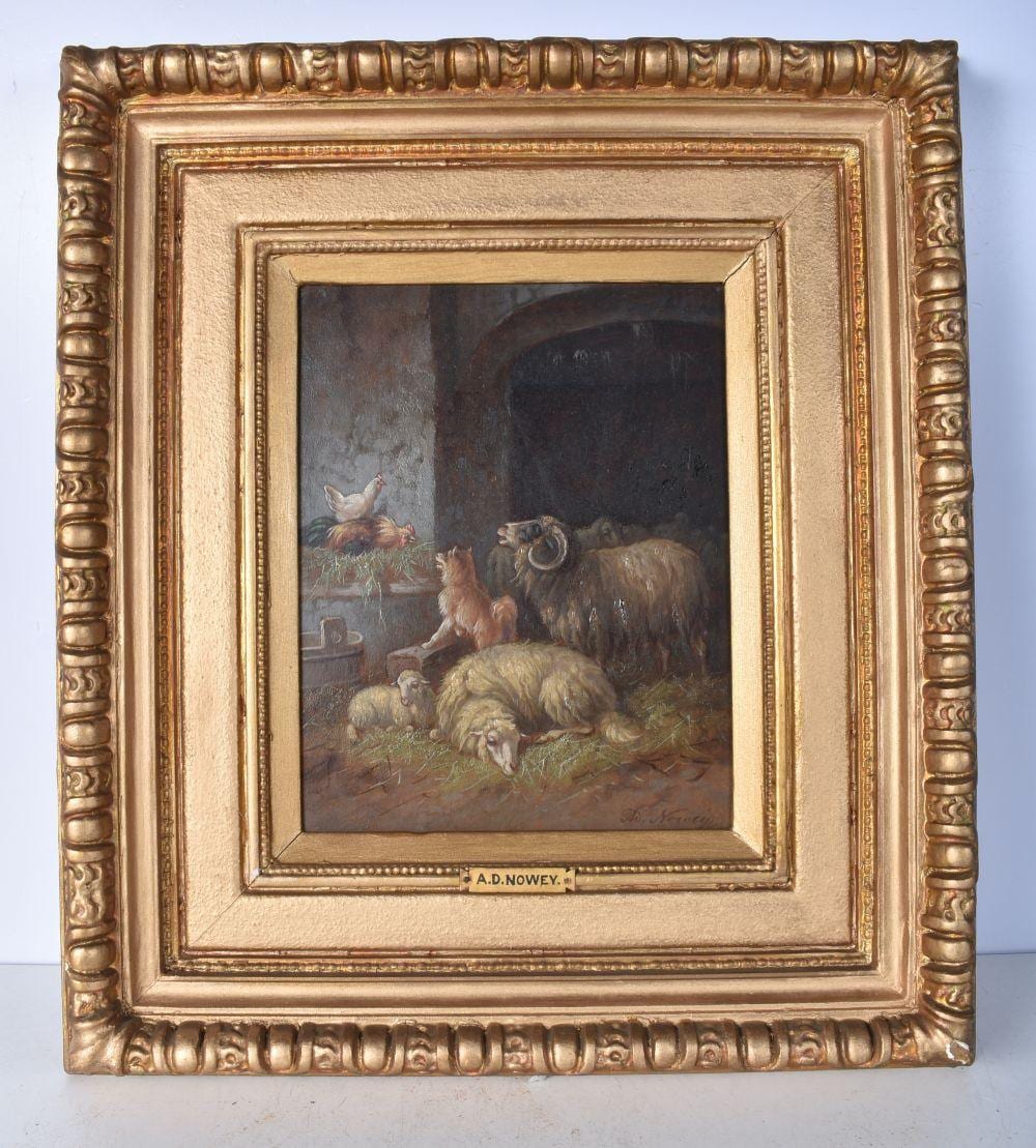 Adolf Nowey comparable auction result: adolf nowey 1835 after 1890 framed oil on board of sheep and hens 25 x 20 cm