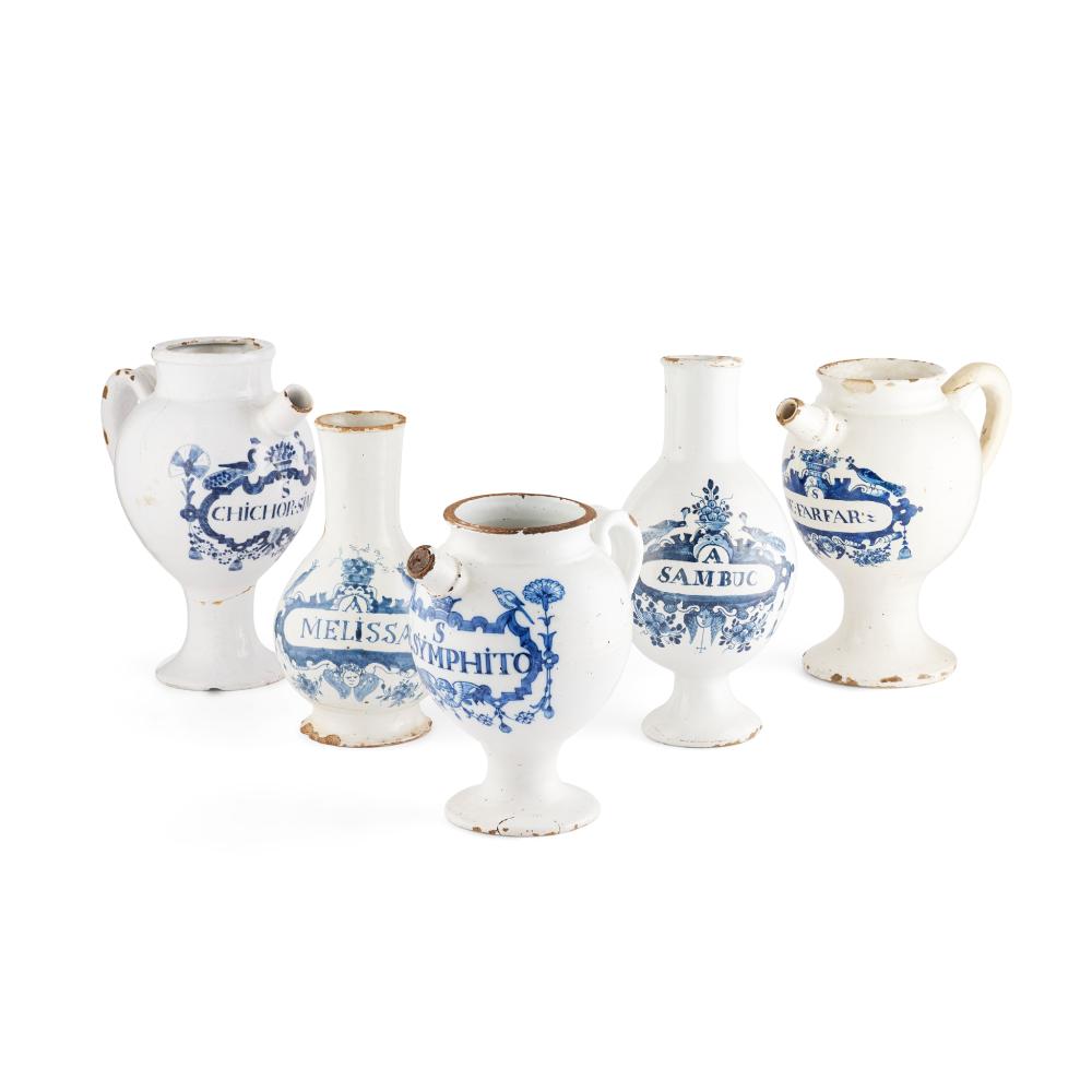 FIVE DELFT WET DRUG JARS sold by Lyon & Turnbull, lot 417 — auction record photograph