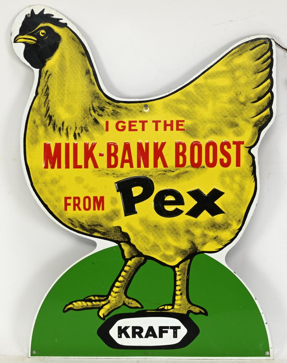 Vintage Kraft Pex Milk Bank Chicken Die Cut Tin Embossed Sign sold by Mebane Antique Auction, lot 65 — auction record photograph