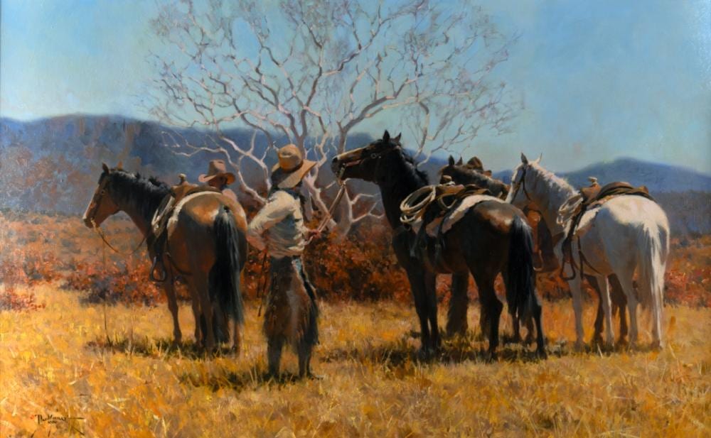 dan mieduch 1947 who s robbin this train enyway 1986 · Jackson Hole Art Auction · 2024-09-14 Dan Mieduch comparable auction result: dan mieduch 1947 who s robbin this train enyway 1986