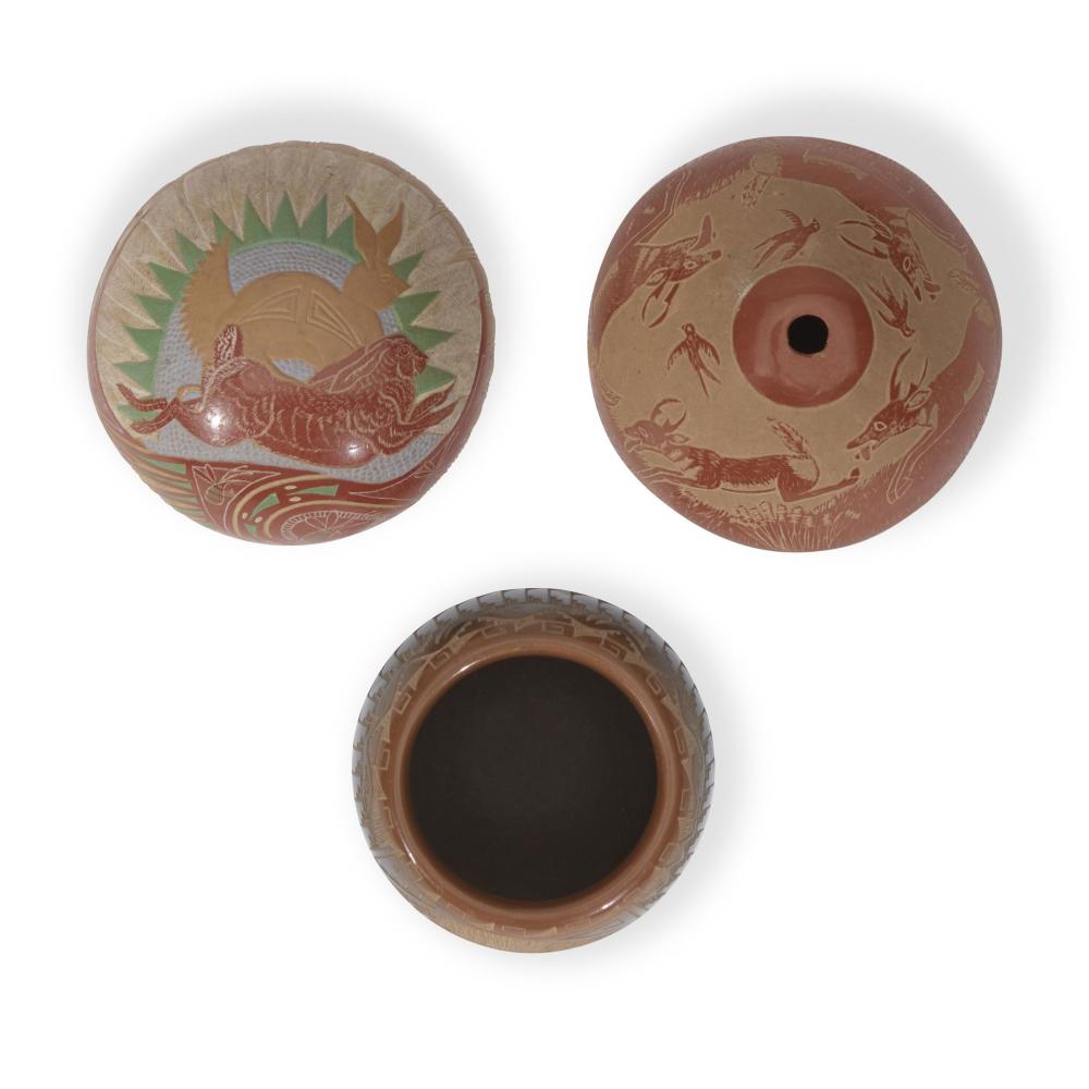 Joseph Lonewolf comparable auction result: three miniature sgraffito pictorial jars