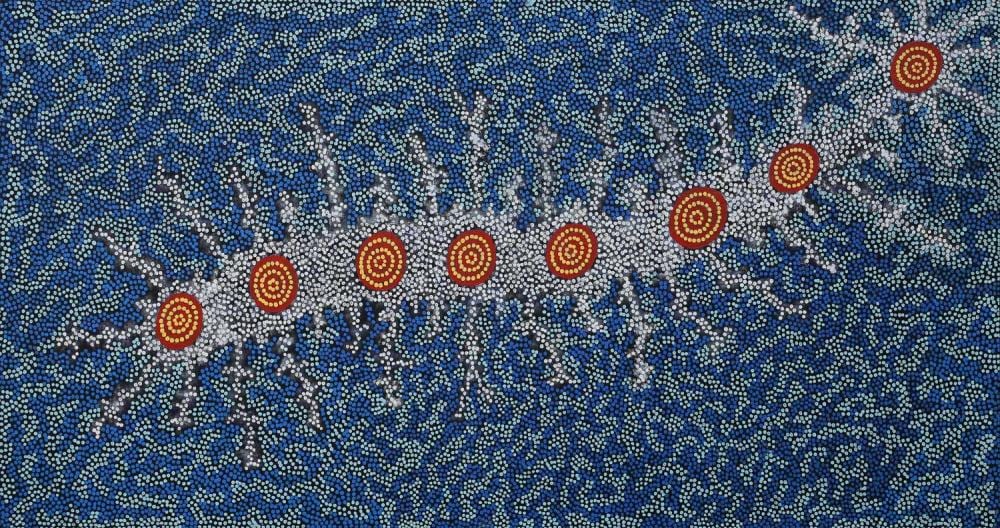 MICHELLE POSSUM NUNGURRAYI, "Seven Sisters Dreaming", Acrylic on canvas., 106cm x 199cm sold by Ozbid Auctions, lot 95 — auction record photograph