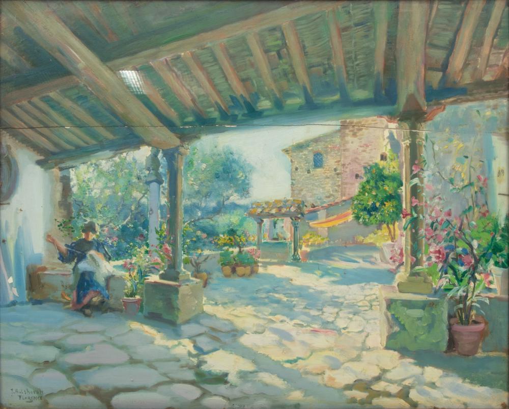 julius rolshoven american 1858 1930 oil on cradled panel ca 1900 1910 woman sewing in sunlit courtyard florence h 25 5 w 31 5 · DuMouchelles · 2024-09-13 Julius Rolshoven comparable auction result: julius rolshoven american 1858 1930 oil on cradled panel ca 1900 1910 woman sewing in sunlit courtyard florence h 25 5 w 31 5