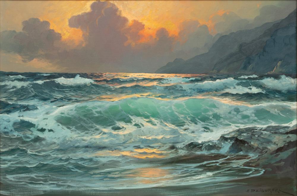 Alex Dzigurski comparable auction result: alex dzigurski russian american 1911 95 oil on canvas ca 1960 crashing waves at sunset h 24 w 38