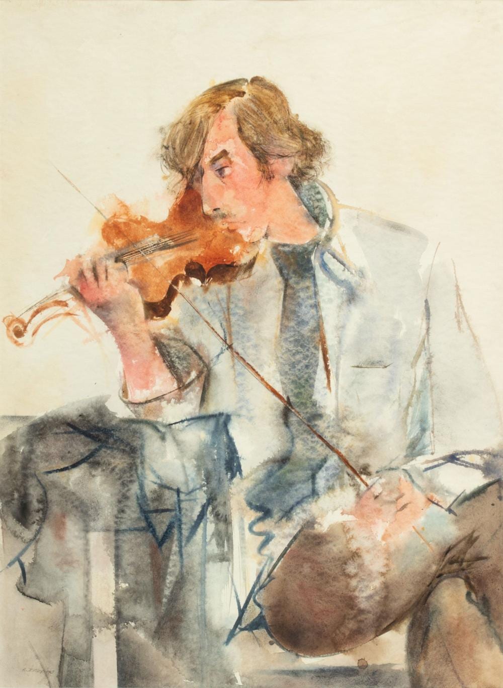 Richard Jerzy comparable auction result: richard jerzy american 1943 2001 watercolor on paper 1969 self portrait with a violin h 29 w 21