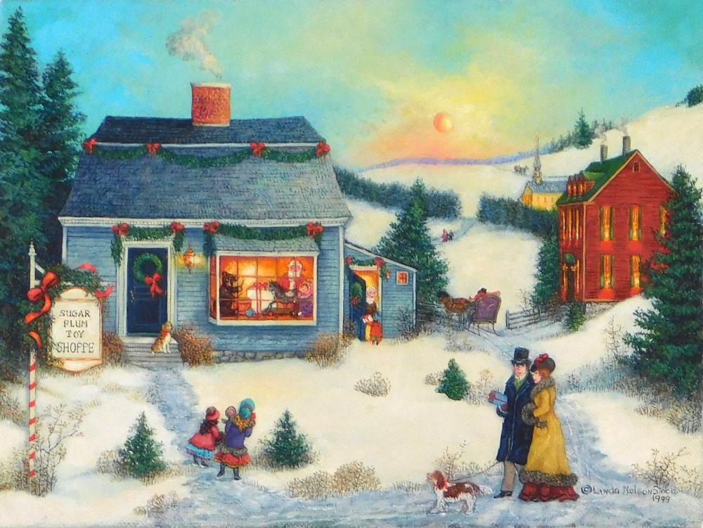 Linda Nelson Stocks (American, 1938 - 2011), "Sugar Plum Toy Shoppe", 1999, oil on archival canvas, depicts a late 19th C. Winter Christmas scene with small children visiting a toy shop, idyllic New England scene with... sold by Winter Associates, Inc., lot 151 — auction record photograph