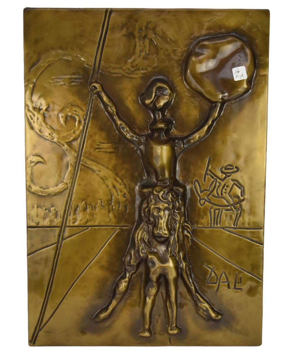Salvador Dali (Spanish 1904-1989) Sculpture, Don Quixote. Bas-relief bronze sculpture of Don Quixote. Limited edition number 155/215 etched on lower left corner. Comes with original fitted velvet box. Sculpture size approx. 27 x 18-1/2 inches sold by Bill Hood & Sons Arts & Antiques Auctions, lot 265 — auction record photograph