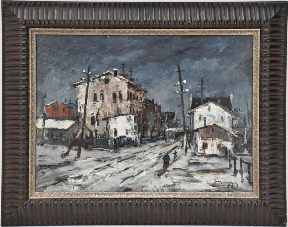 Jean Cheller comparable auction result: jean cheller german 1911 1952 oil on panel bucharest in winter signed lower right and dated 1940 15 1 4 x 20 3 4 sight 22 x 27 overall