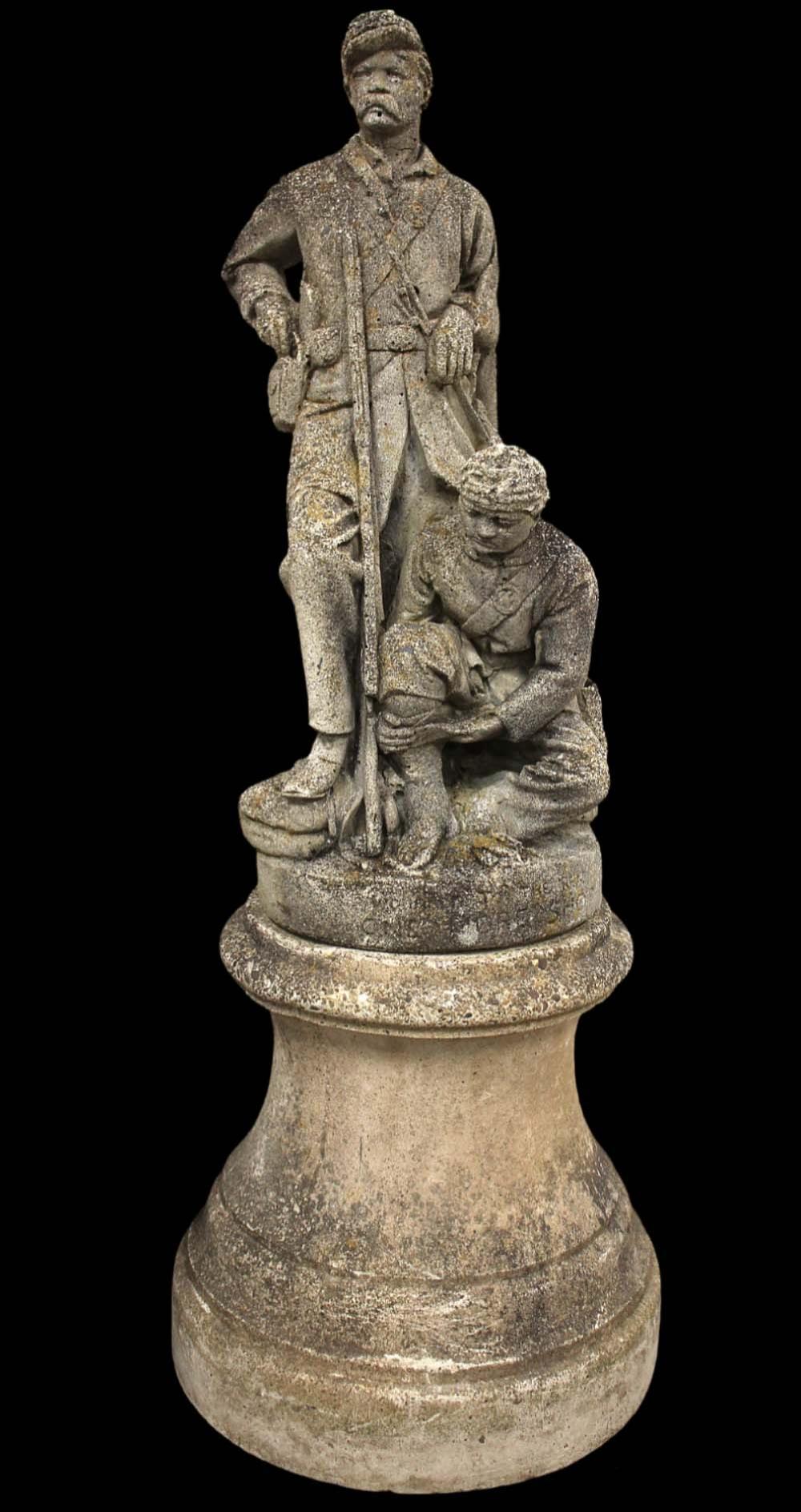 Large Antique Concrete Sculpture Statue After JOHN ROGERS of Two American Civil War Union Soldiers ''Wounded to the Rear / One More Shot''. sold by Sofe Design Auctions, lot 4060 — auction record photograph