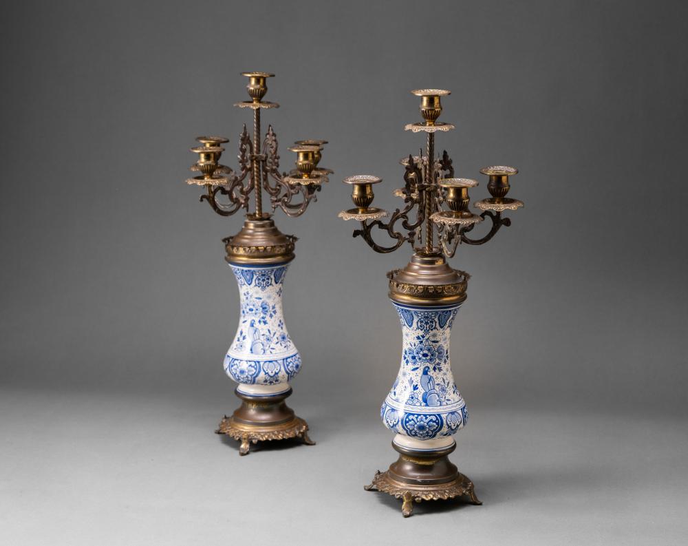 A PAIR OF VINTAGE VICTORIAN STYLE GILT-BRONZE MOUNTED PORCELAIN VASE CANDELABRAS sold by Albahie Auction House, lot 8 — auction record photograph