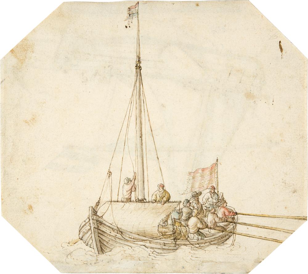 Hendrick Avercamp comparable auction result: hendrick avercamp zugeschrieben vollbesetztes ruderboot mit zwei m nnern die das segel hissen am heck die flagge der holl ndischen flotte r ckseitig fischerboot