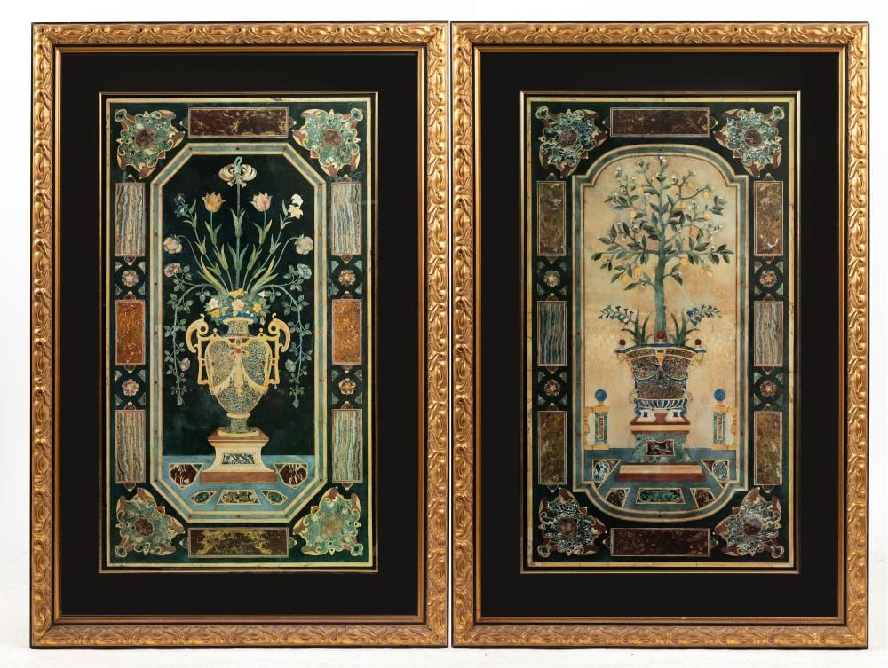 Alberto Dura comparable auction result: a pair of large gilt framed decorative prints of pietra dura style flower vases