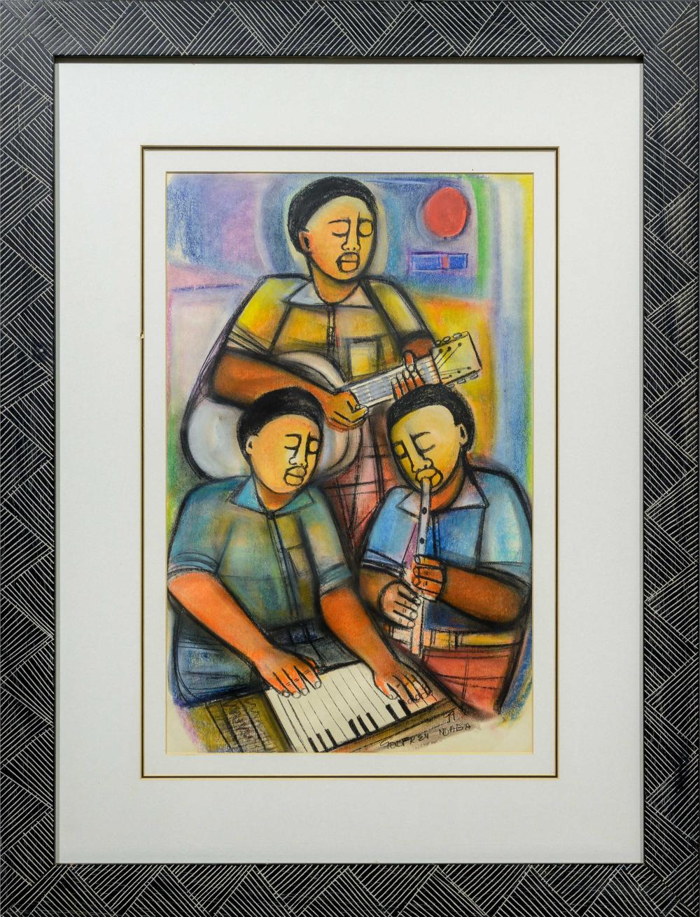 Godfrey Ndaba comparable auction result: godfrey ndaba sa 20th c mixed media three musicians signed dated 99 56 x 34