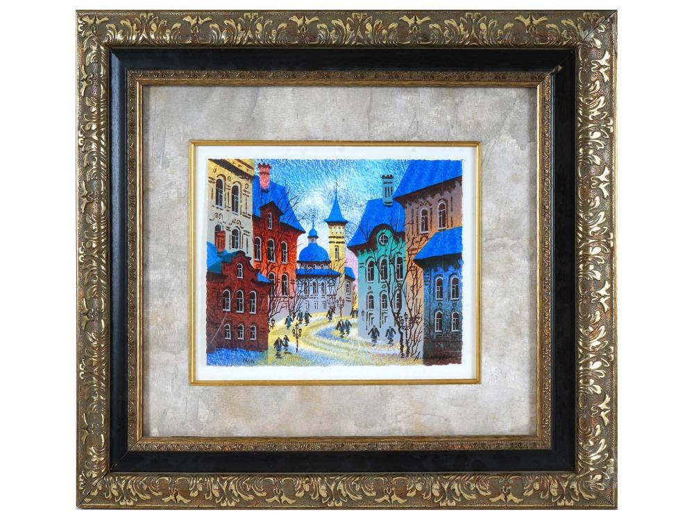 Framed lithograph depicting a blue and red town street with domed church towers and tall buildings, viewed straight on.