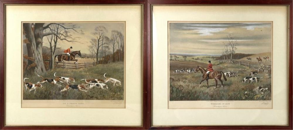 Franklin Brooke Voss comparable auction result: franklin brooke voss new york 1880 1953 pair of hunting scenes colored lithographs 15 5 x 18 framed 23 x 26