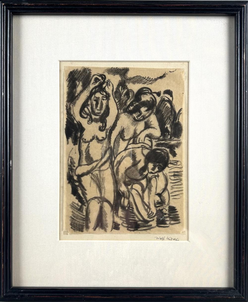 Wolf Kibel comparable auction result: wolf kibel poland south africa 1903 1938 women bathing in a river charcoal on trace paper 8 x 5 framed 18 x 12
