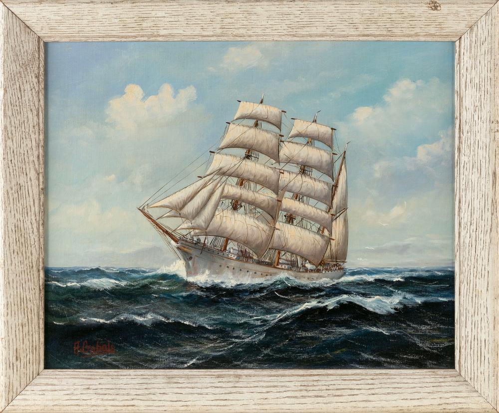 Alfred Gabali comparable auction result: alfred gabali massachusetts germany 1886 1963 full rigged ship at sea oil on canvas board 16 x 20 framed 19 5 x 23 5
