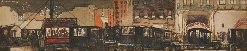 Henry Patrick Raleigh comparable auction result: henry raleigh cityscape with automobiles