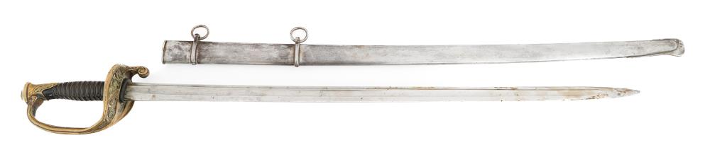 Horizontal view of a metal sword with a curved guard and a leather-wrapped handle, shown on a white background.
