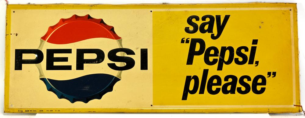 Vintage Pepsi Cola Say Pepsi Please Tin Litho Sign sold by Mebane Antique Auction, lot 40 — auction record photograph