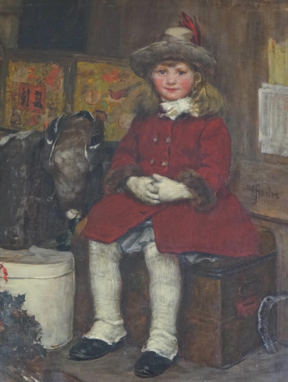 James Charles comparable auction result: james charles british 1851 1906 seated child in a red coat oil on canvas 56 x 43cm