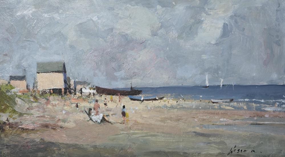 Edward Wesson comparable auction result: edward wesson english 1910 1983 holiday beach plage de vacances oil on board 21 x 37cm