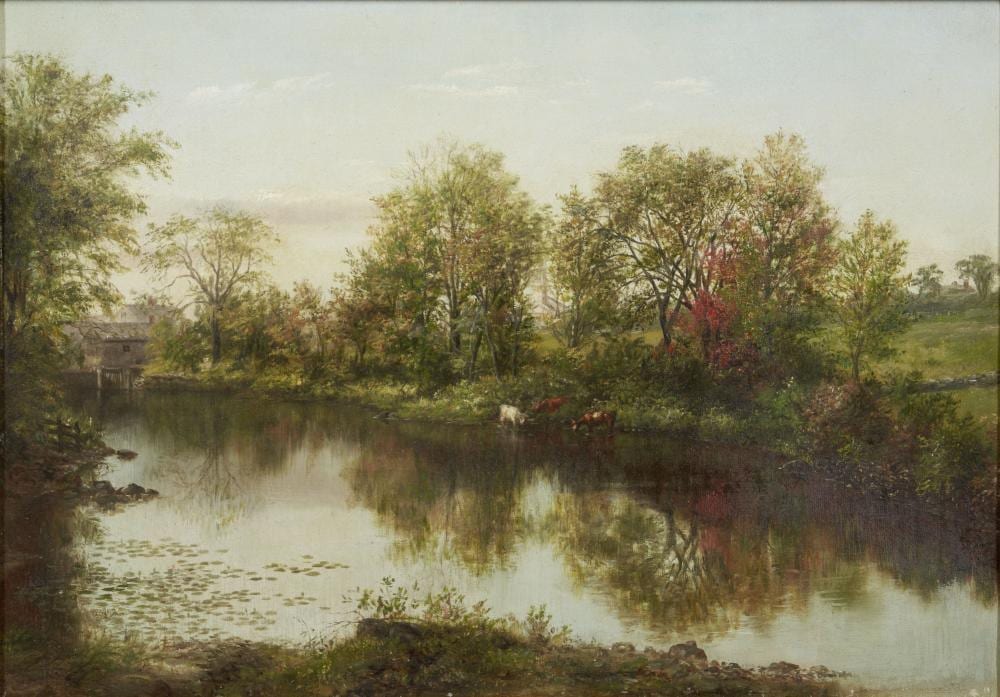 Robert Spear Dunning comparable auction result: robert spear dunning 1829 1905 cows drinking from a placid river 9 3 4 x 14 1 8 in 24 8 x 35 9 cm framed 18 3 4 x 22 5 8 x 2 1 2 in 47 6 x 57 5 x 6 4 cm