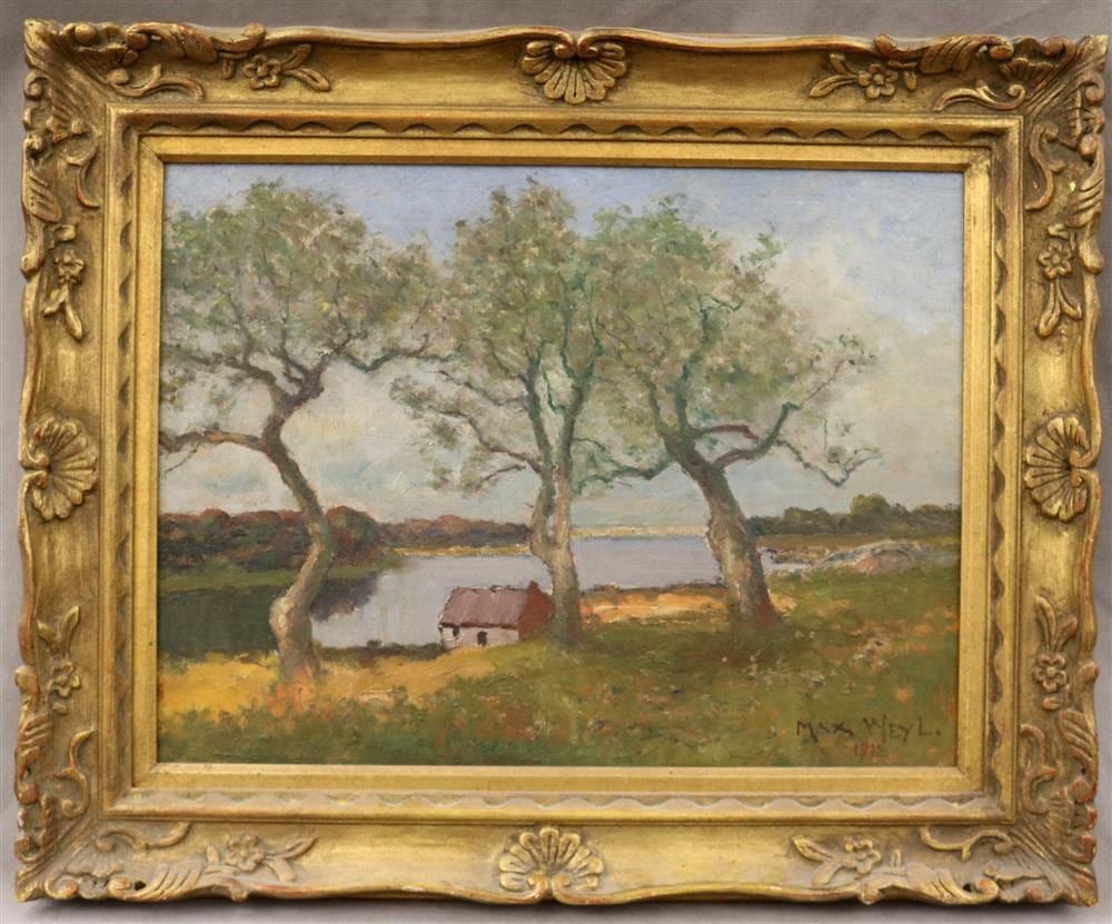 Max Weyl comparable auction result: max weyl american 1837 1914 little river from rosslyn 1912 oil on canvas signed and dated lower right hand corner verso label p