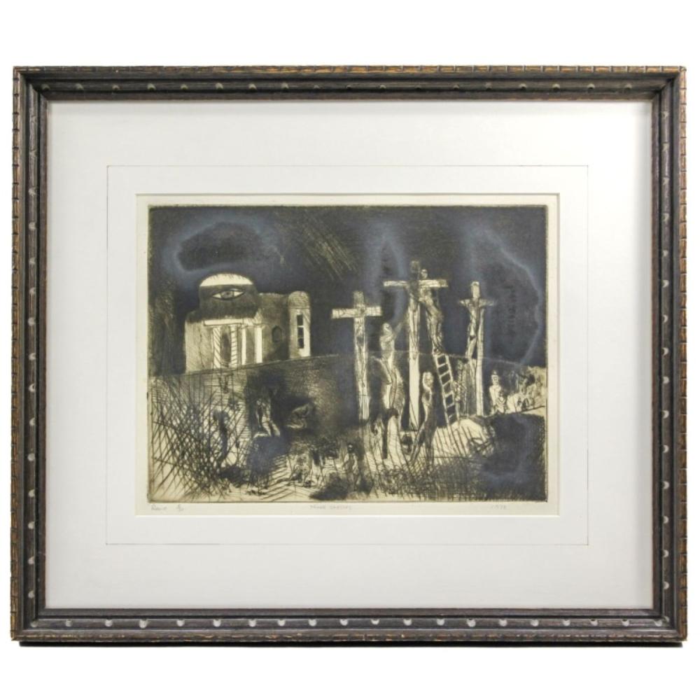 Joe Reno comparable auction result: joe reno wa three crosses etching 1978