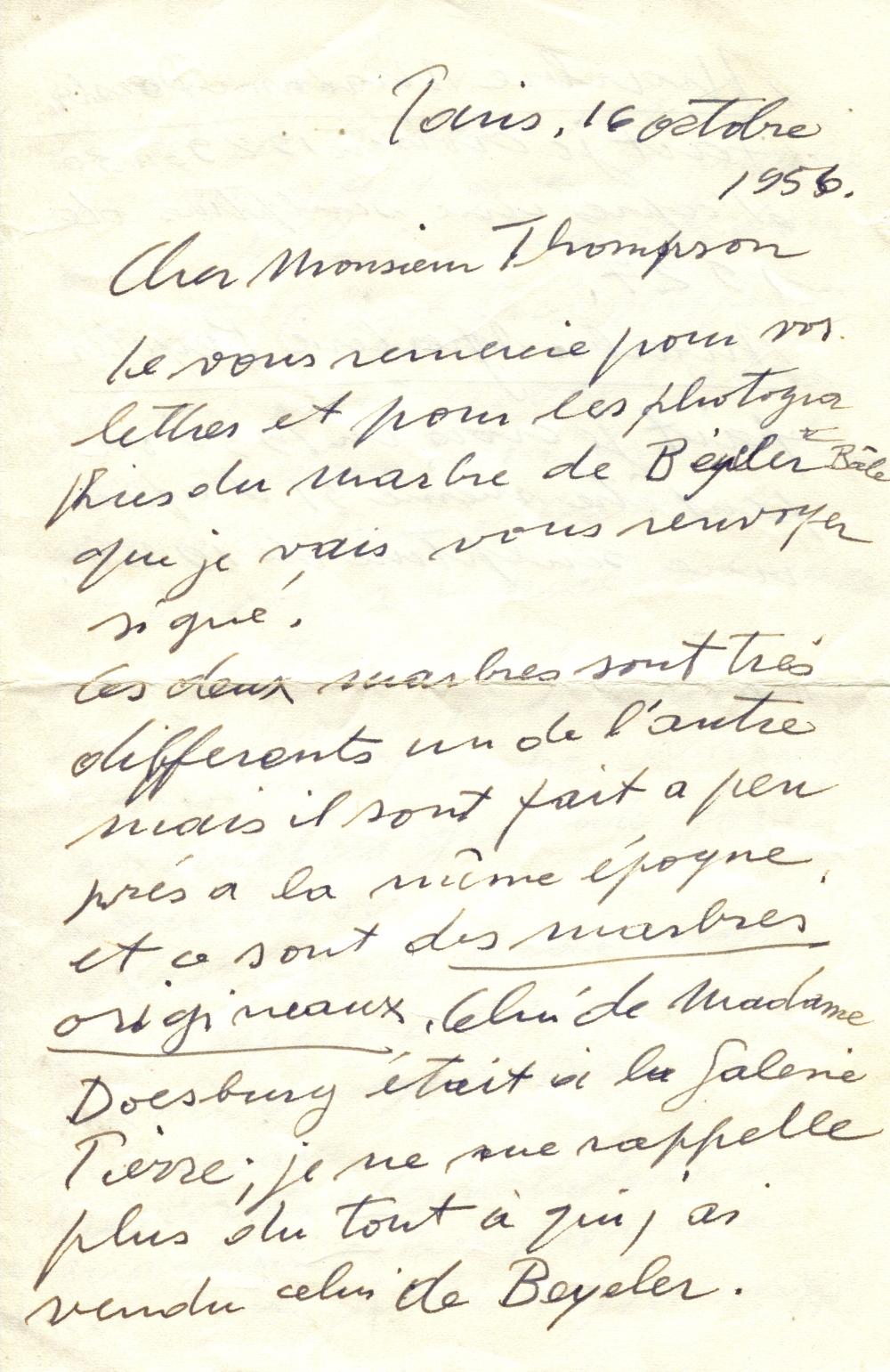 GIACOMETTI ALBERTO: (1901-1966) ´ It gives me great pleasure that these two marbles should enter your collection´ sold by International Autograph Auctions Europe, S.L., lot 883 — auction record photograph