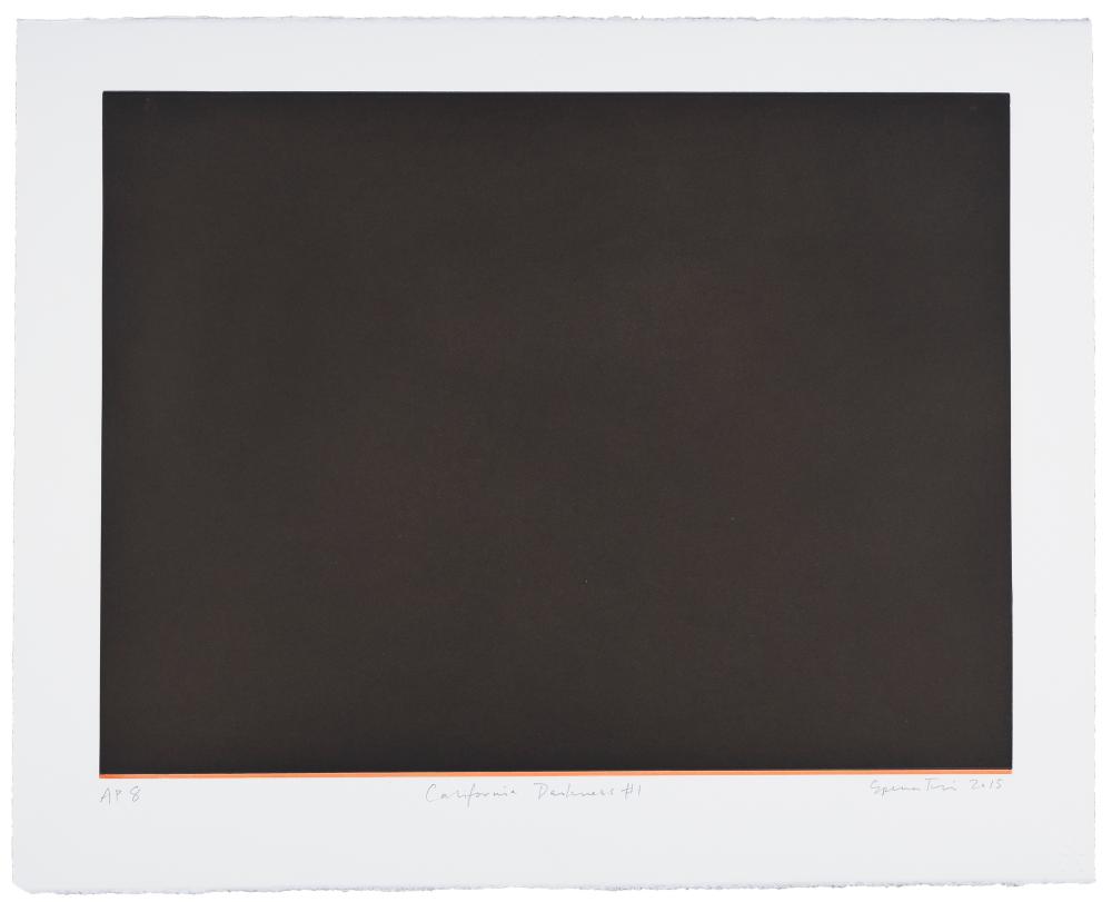 Dark black-to-brown rectangular artwork with a thin orange line at the bottom, shown within a white mat; handwritten text along the lower edge.