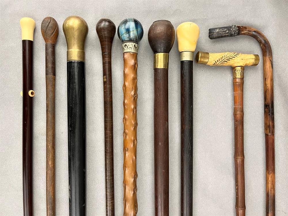 GROUP NINE ASSORTED VINTAGE WALKING STICKS/CANES. Mostly 19th century. - L: app. 36 in. sold by Sloans & Kenyon, lot 246 — auction record photograph