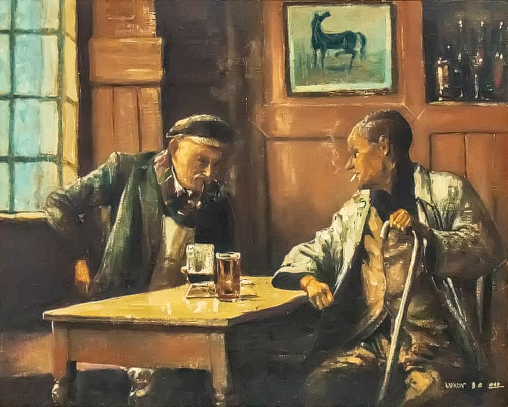 Yoram Lukov comparable auction result: yoram lukov b 1940 men in the pub oil on canvas mounted on board 1980