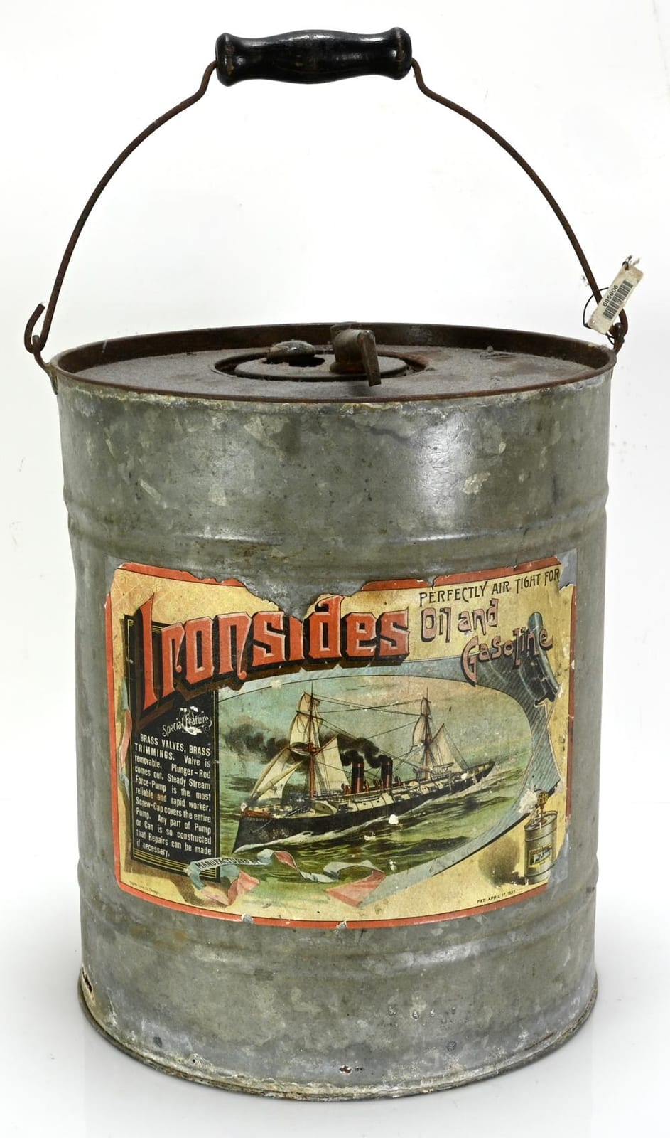 Metal air-tight pump can with a handle and a printed label reading “Lundshides” and “Gasoline,” featuring a ship illustration.