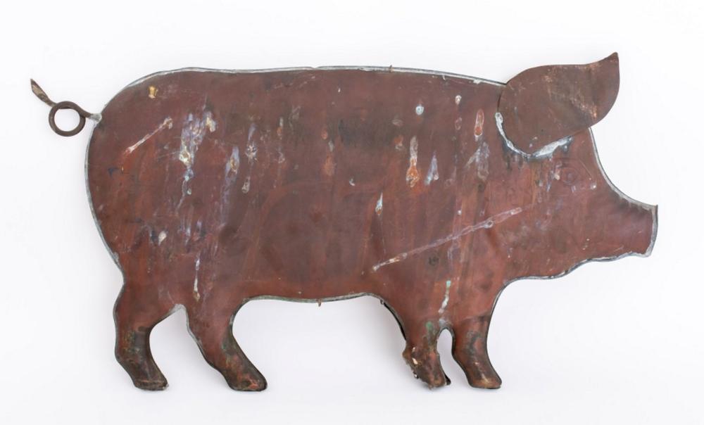 Copper pig weathervane silhouette with a rounded ear, snout, and ring handle, shown against a white background.