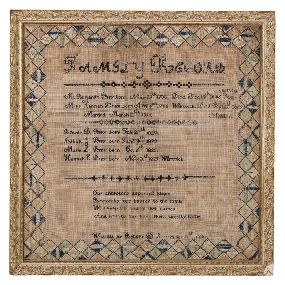 Antique English Family Record Needlework Sampler sold by Hill Auction Gallery, lot 95 — auction record photograph