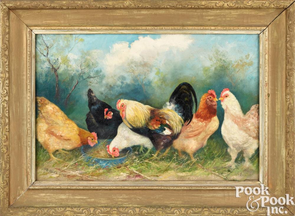 mary b leisz oil on canvas of six chickens · Pook & Pook Inc. · 2024-09-27 Mary B. Leisz comparable auction result: mary b leisz oil on canvas of six chickens
