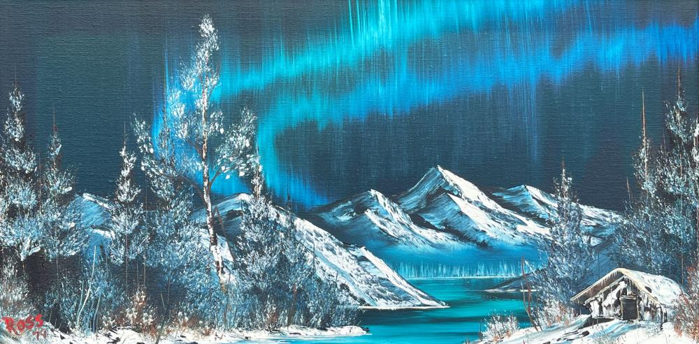 Landscape painting of a snowy mountain valley with tall bare trees, glowing blue sky, and bright northern lights above houses.