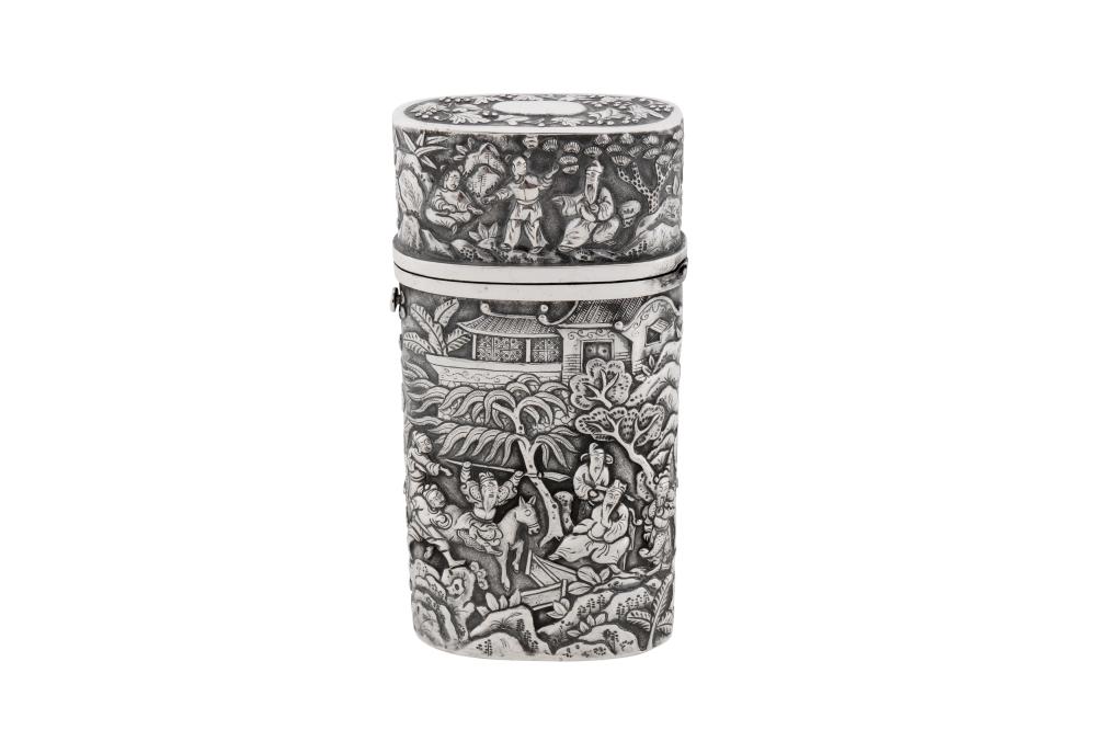 A mid-19th century Chinese export silver cheroot case, Canton circa 1860, marked Hui, retailed by Khe Cheong sold by Chiswick Auctions, lot 38 — auction record photograph