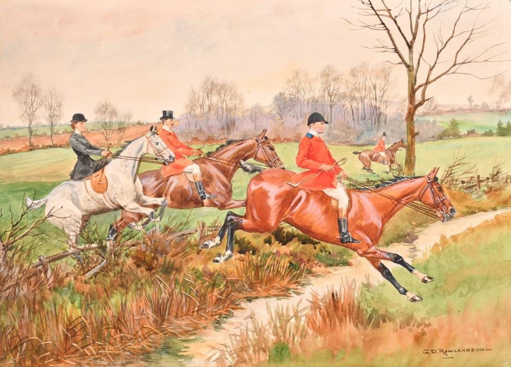 George Derville Rowlandson comparable auction result: george derville rowlandson 1861 1928 a pair of hunting scenes with horses jumping watercolour each signed