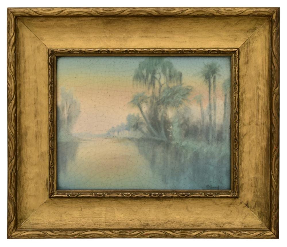 Elizabeth McDermott comparable auction result: rookwood pottery vellum landscape plaque decorated by elizabeth mcdermott