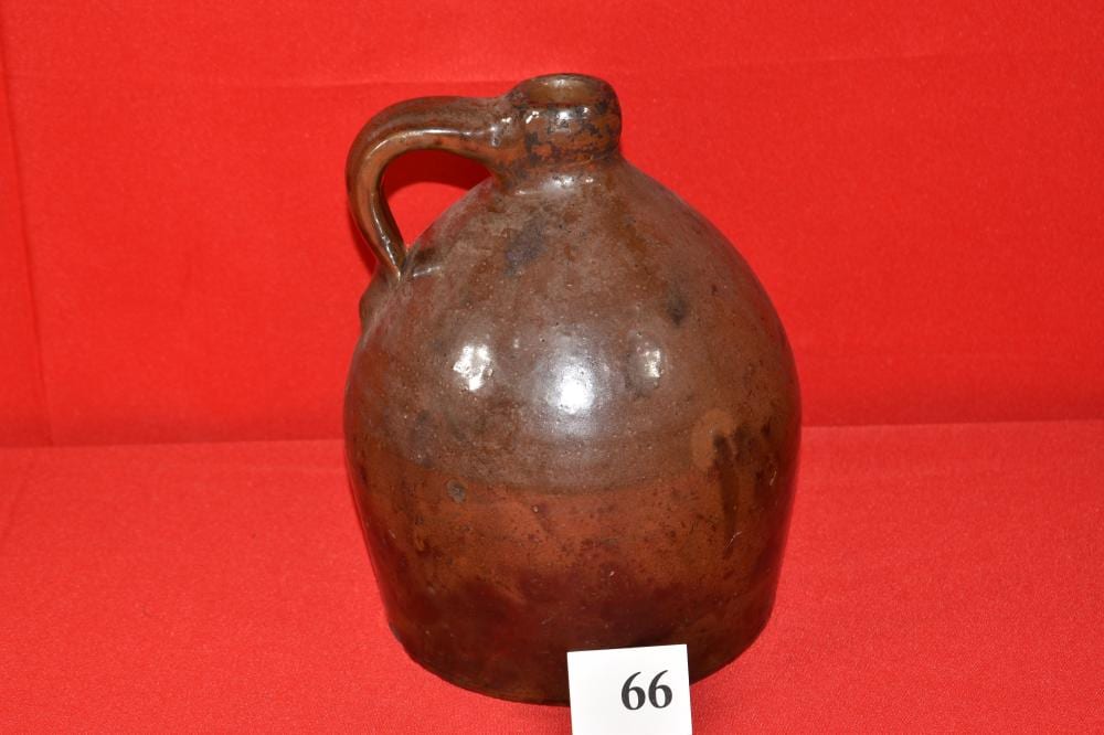 Antique 1 Gallon Stoneware Jug Crock Brown sold by Old Barn Auction, lot 66 — auction record photograph