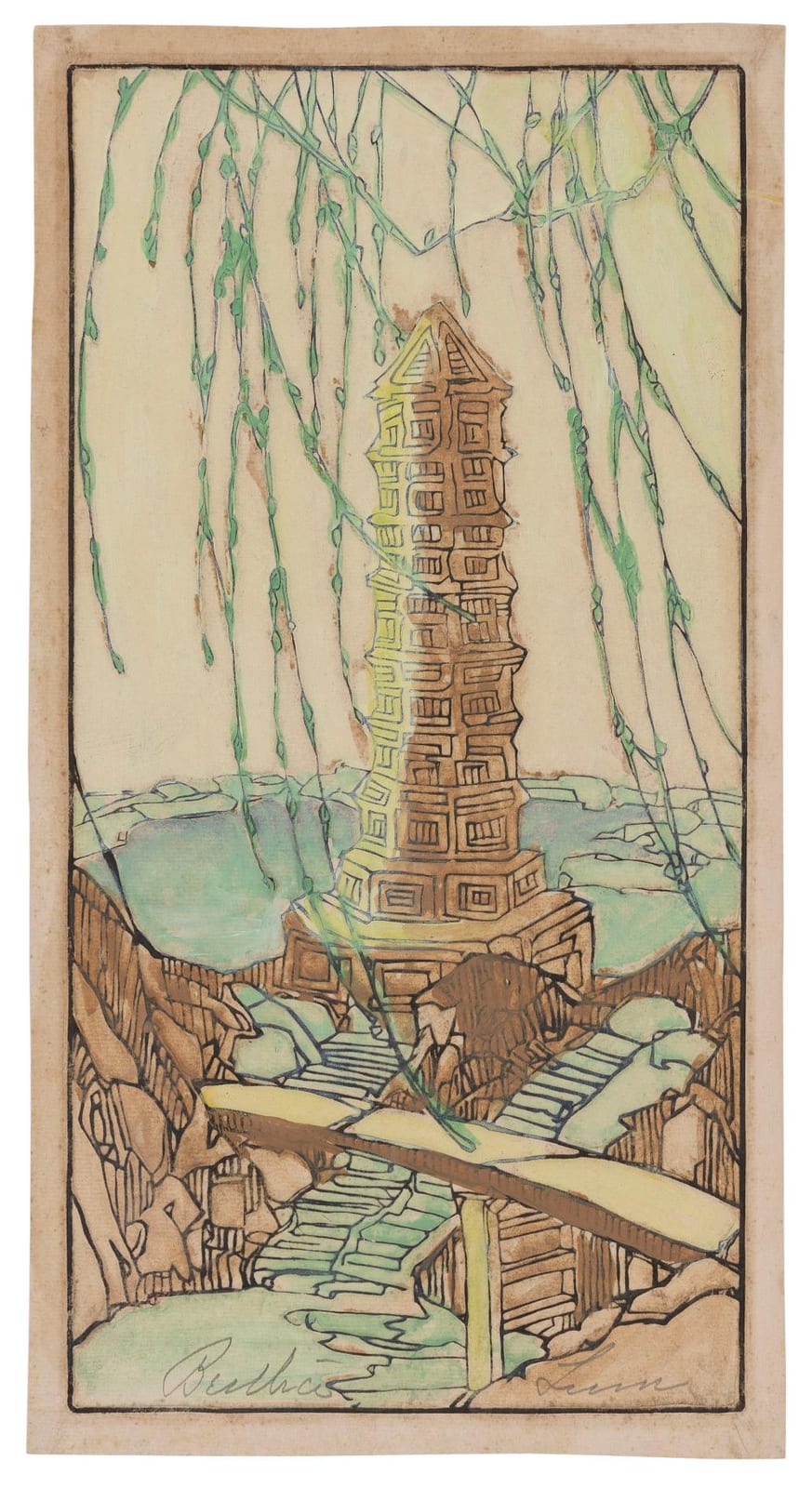 Bertha Boynton Bull Lum comparable auction result: bertha boynton bull lum california iowa italy 1869 1954 pagoda near soochow woodblock print 11 x 5 75 unframed