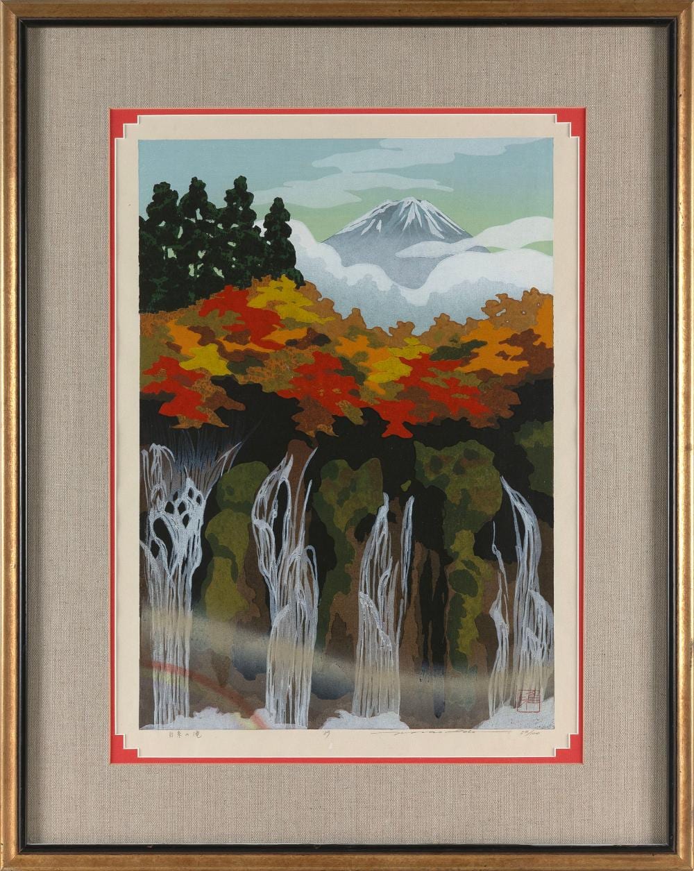 Ido Masao comparable auction result: masao ido japan 1945 2016 white string falls woodblock print oban tate e 20 5 x 14 framed 30 x 23 5