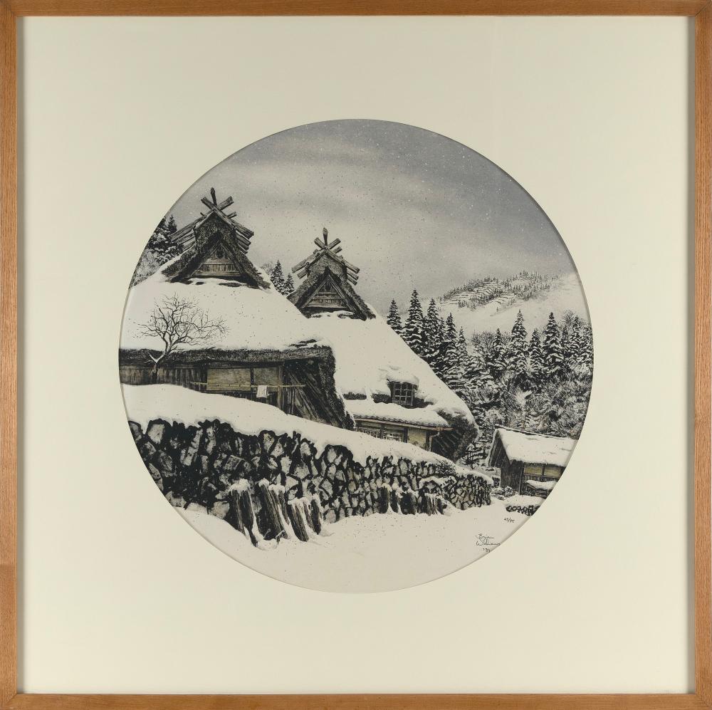 Brian Williams comparable auction result: brian williams japan america 1950 houses and woodpiles under snow print diameter 22 5 framed 34 25 x 34 25