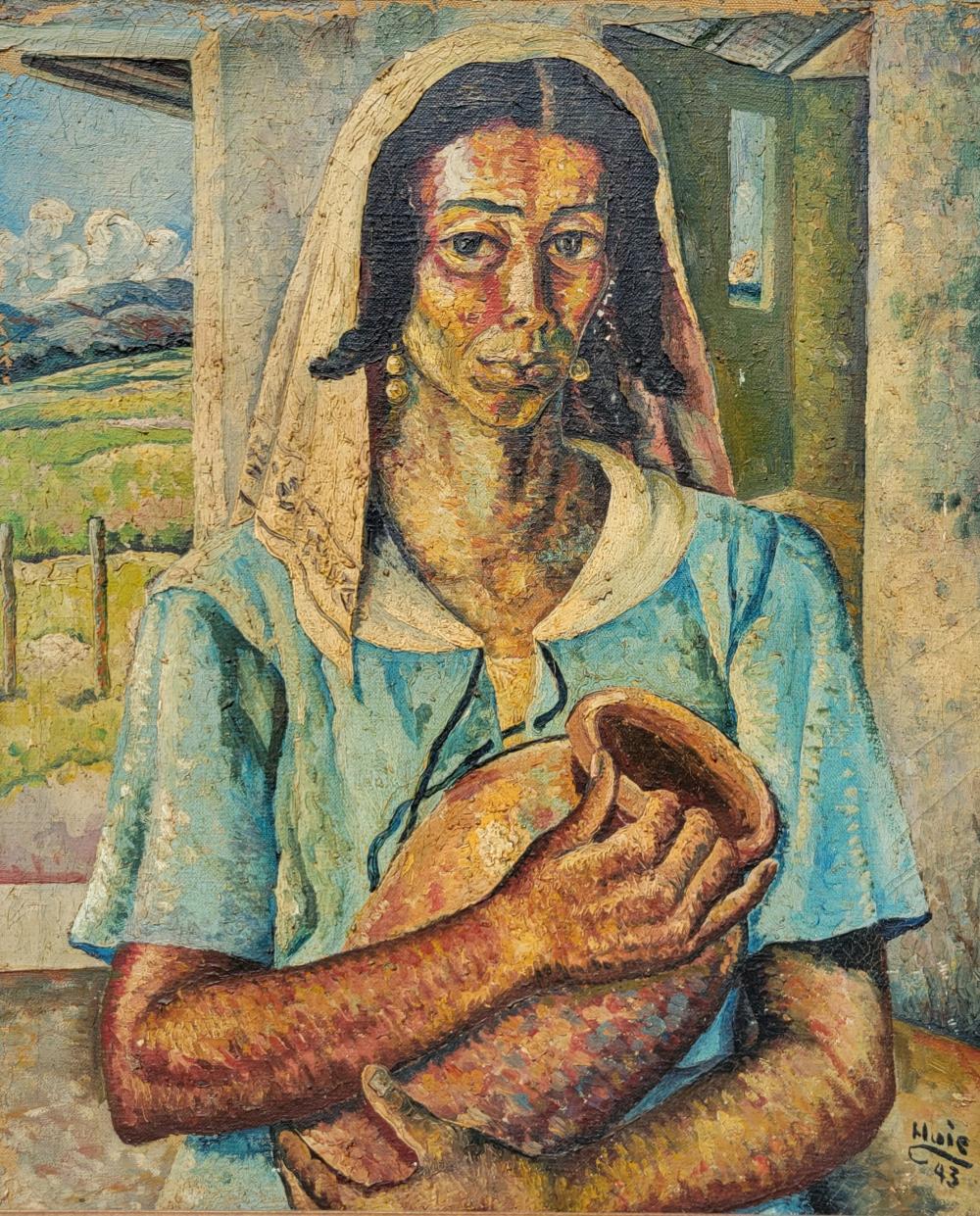 Albert Huie comparable auction result: albert huie 1943 jamaican portrait oil painting 26in x 21in woman vase interior and landscape