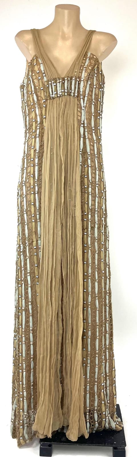 George Gross comparable auction result: george gross australia beige blue full beaded evening dress drape crepe v neckline low back zipper closure lined c 1990s