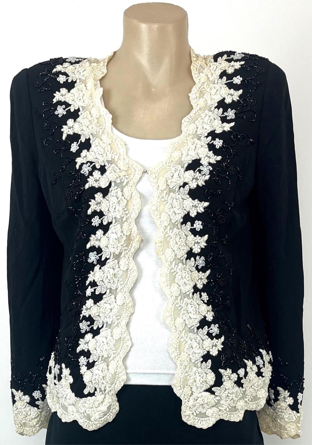 George Gross comparable auction result: george gross australia black white beaded embellished jacket shoulder pads long sleeves lined c 1990s