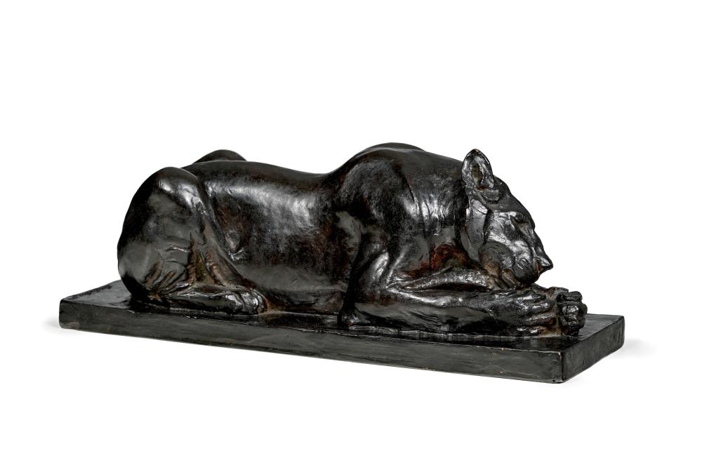 Édouard Marcel Sandoz (1881-1971), Lionne couchée, mangeant , 1933, sculpture en bronze, signée et datée, 11x30,5x10,5 cm sold by Piguet Hôtel des Ventes | Genève, lot 11 — auction record photograph